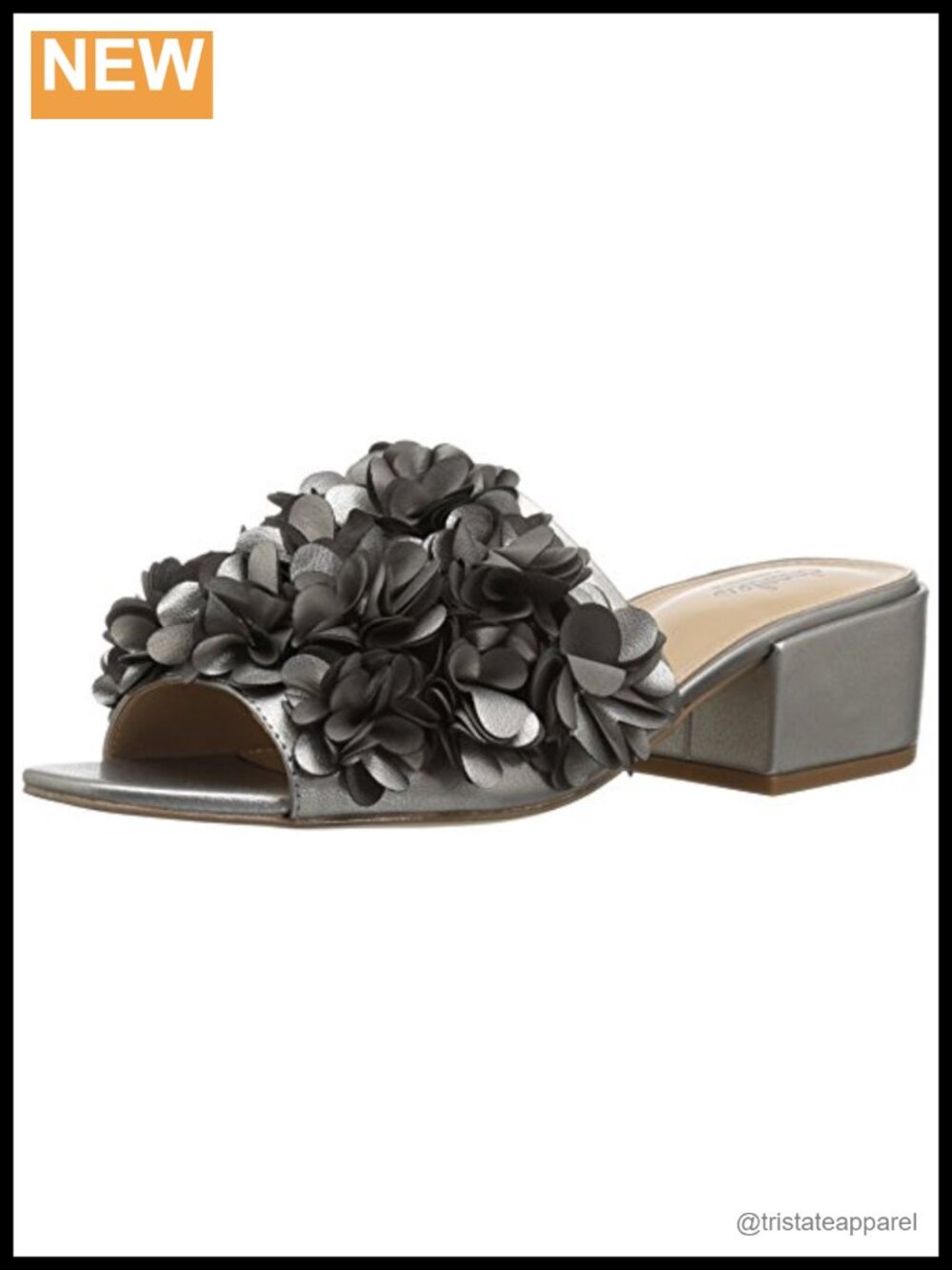Floral Slide Sandal with Padded Footbed Block Heel Rhinestone Ankle Strap